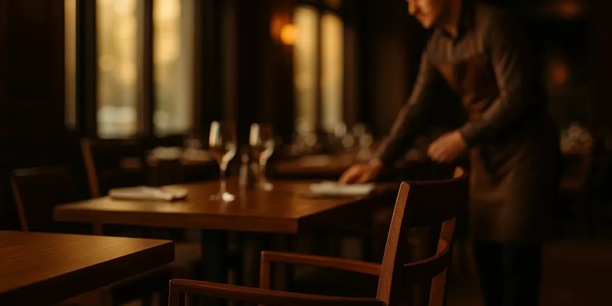atesty-normy-meble-restauracji-trudnopalnosc Eleganckie drewniane krzesło z tapicerką w restauracji, przy drewnianym stole, w naturalnym świetle - ilustracja artykułu o normach i atestach mebli kontraktowych.