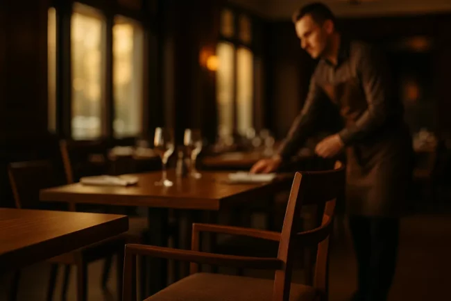Eleganckie drewniane krzesło z tapicerką w restauracji, przy drewnianym stole, w naturalnym świetle - ilustracja artykułu o normach i atestach mebli kontraktowych.