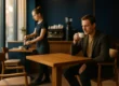 Nowoczesna kawiarnia z drewnianymi stolikami i krzesłami, barista przy ladzie, gość przy kawie - profesjonalne wnętrze HoReCa