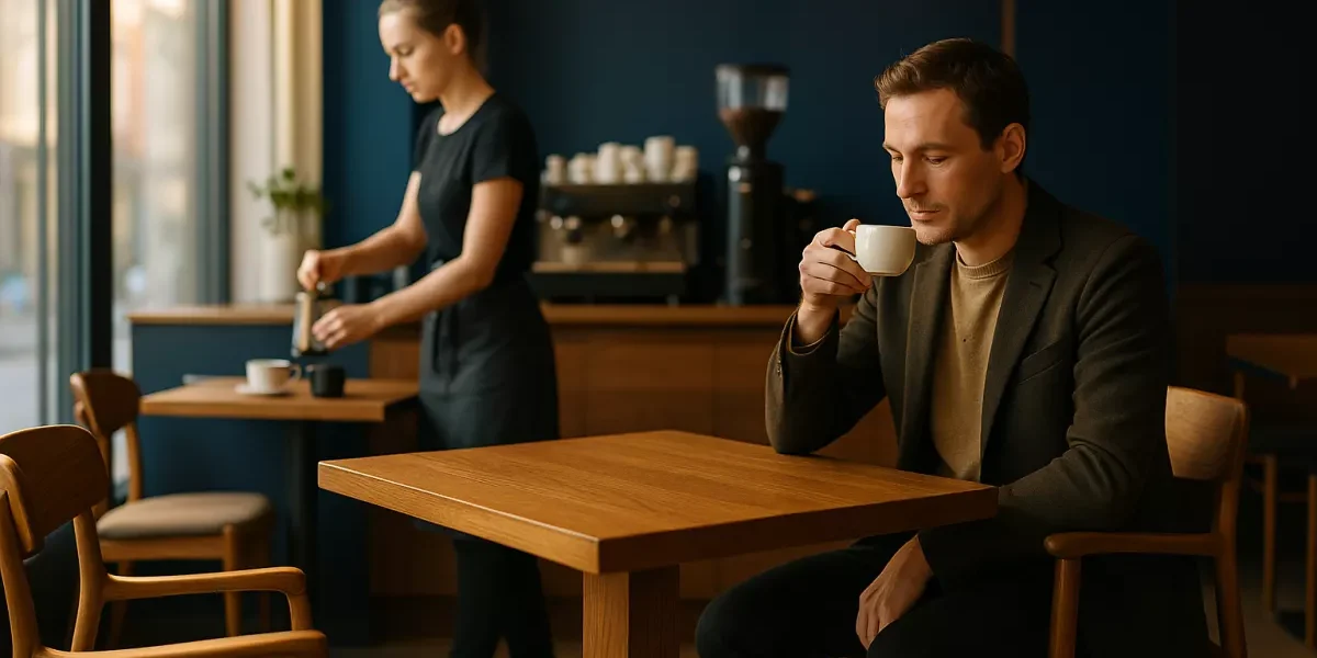 dobor-mebli-do-kawiarni-stoliki-krzesla-lada Nowoczesna kawiarnia z drewnianymi stolikami i krzesłami, barista przy ladzie, gość przy kawie - profesjonalne wnętrze HoReCa