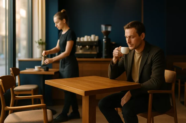 Nowoczesna kawiarnia z drewnianymi stolikami i krzesłami, barista przy ladzie, gość przy kawie - profesjonalne wnętrze HoReCa