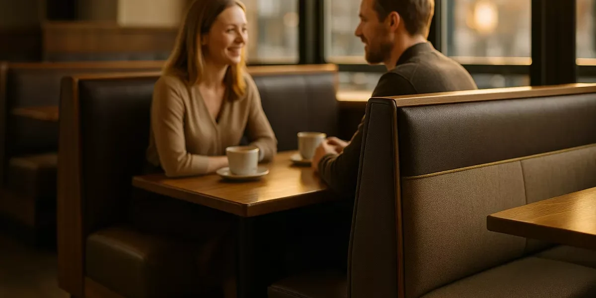 loze-restauracyjne-projektowanie-strefy-siedzen Elegancka loża restauracyjna w ciepłych tonach drewna i brązu, gdzie para gości siedzi wygodnie przy stole oświetlonym naturalnym światłem.