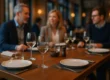Elegancki drewniany stół w restauracji z nakryciem stołu, oświetlony naturalnym światłem, z gośćmi w tle - ilustracja jakości i trwałości mebli gastronomicznych.