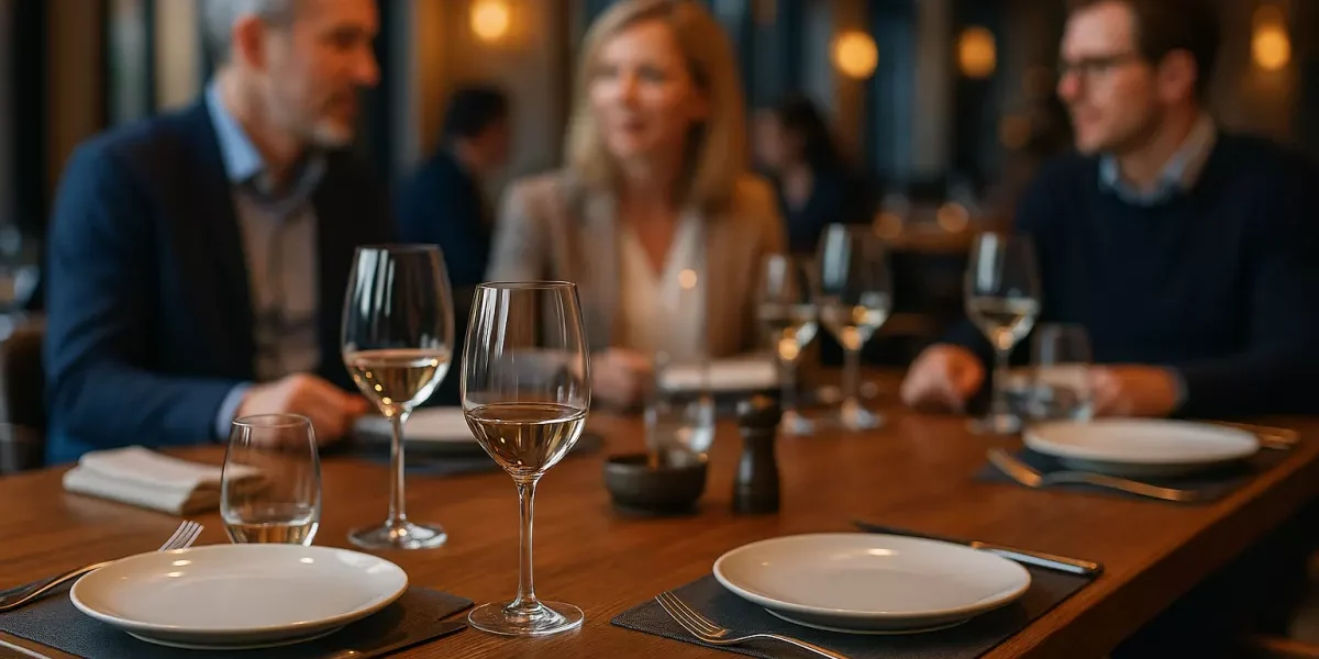 stoly-restauracyjne-blat-podstawa-intensywne-uzytkowanie Elegancki drewniany stół w restauracji z nakryciem stołu, oświetlony naturalnym światłem, z gośćmi w tle - ilustracja jakości i trwałości mebli gastronomicznych.