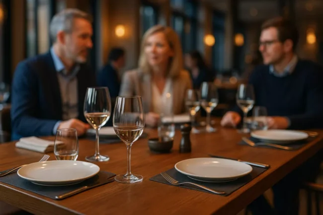 Elegancki drewniany stół w restauracji z nakryciem stołu, oświetlony naturalnym światłem, z gośćmi w tle - ilustracja jakości i trwałości mebli gastronomicznych.
