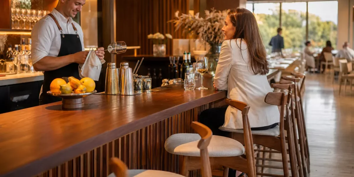 Elegancka lada barowa z drewna dębu z widocznymi słojami, bukowe hokery z tapicerką, barman czyszczący szklanki. Naturalne światło, prestiżowe wnętrze restauracji.