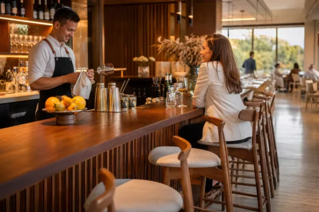 Elegancka lada barowa z drewna dębu z widocznymi słojami, bukowe hokery z tapicerką, barman czyszczący szklanki. Naturalne światło, prestiżowe wnętrze restauracji.
