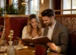 Para siedzi w nowoczesnej restauracyjnej loży z premium tapicerką w kolorach brązu i złota, oświetlona naturalnym światłem, w eleganckim wnętrzu hotelu.