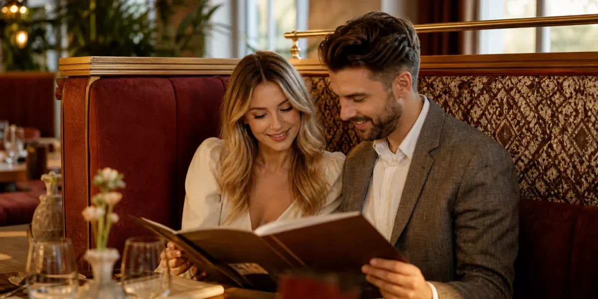tapicerka-kontraktowa-restauracja-hotel-martindale Para siedzi w nowoczesnej restauracyjnej loży z premium tapicerką w kolorach brązu i złota, oświetlona naturalnym światłem, w eleganckim wnętrzu hotelu.