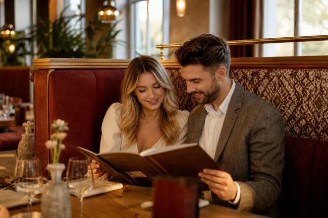 Para siedzi w nowoczesnej restauracyjnej loży z premium tapicerką w kolorach brązu i złota, oświetlona naturalnym światłem, w eleganckim wnętrzu hotelu.